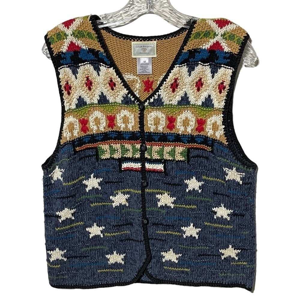 Susan Bristol Horseshoe and Star Button Front Knitted Vest Size Medium
